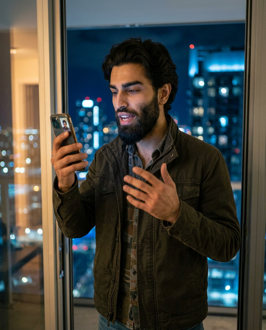 Alexander Doss on a high-rise balcony at night, mid-call with a founder