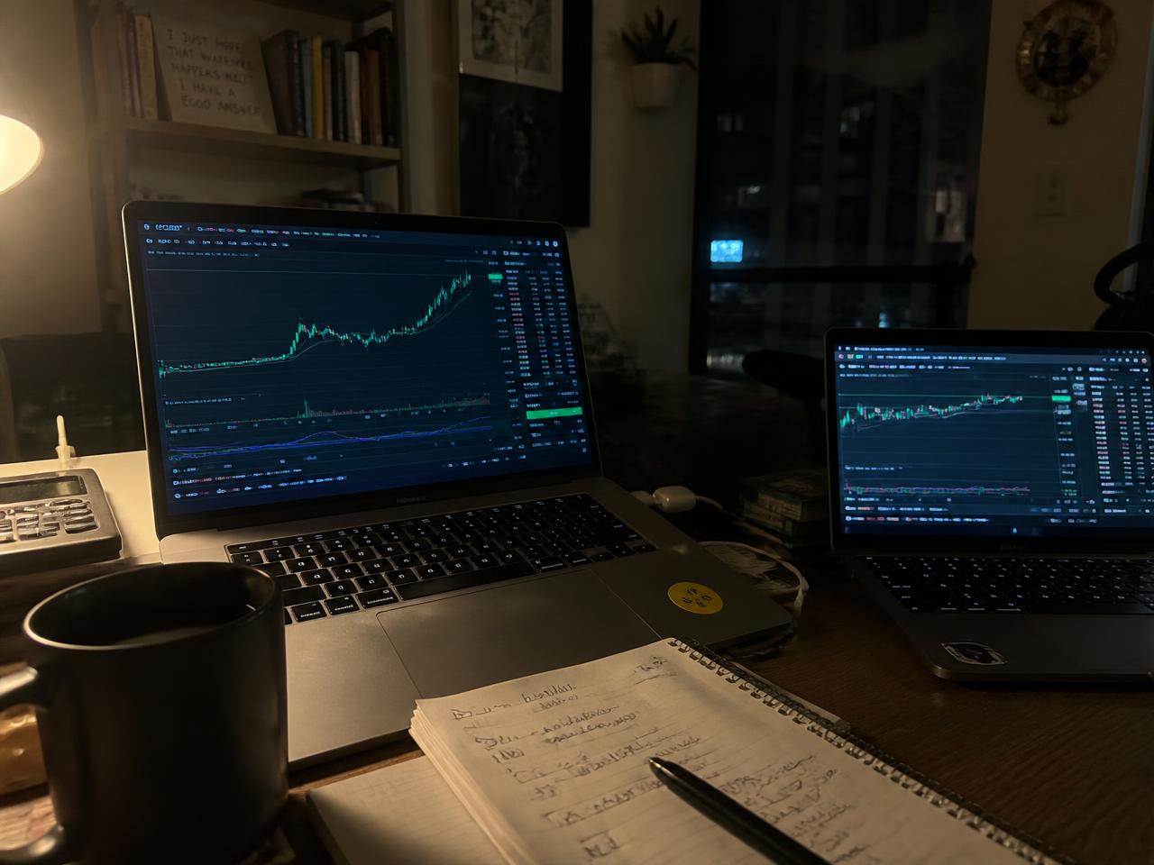 Late-night desk with two laptops open on live launch charts