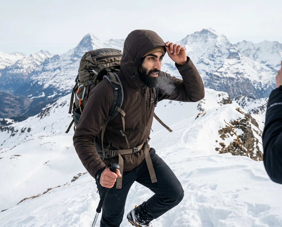 Alexander Doss hiking a snowy ridge in the Swiss Alps