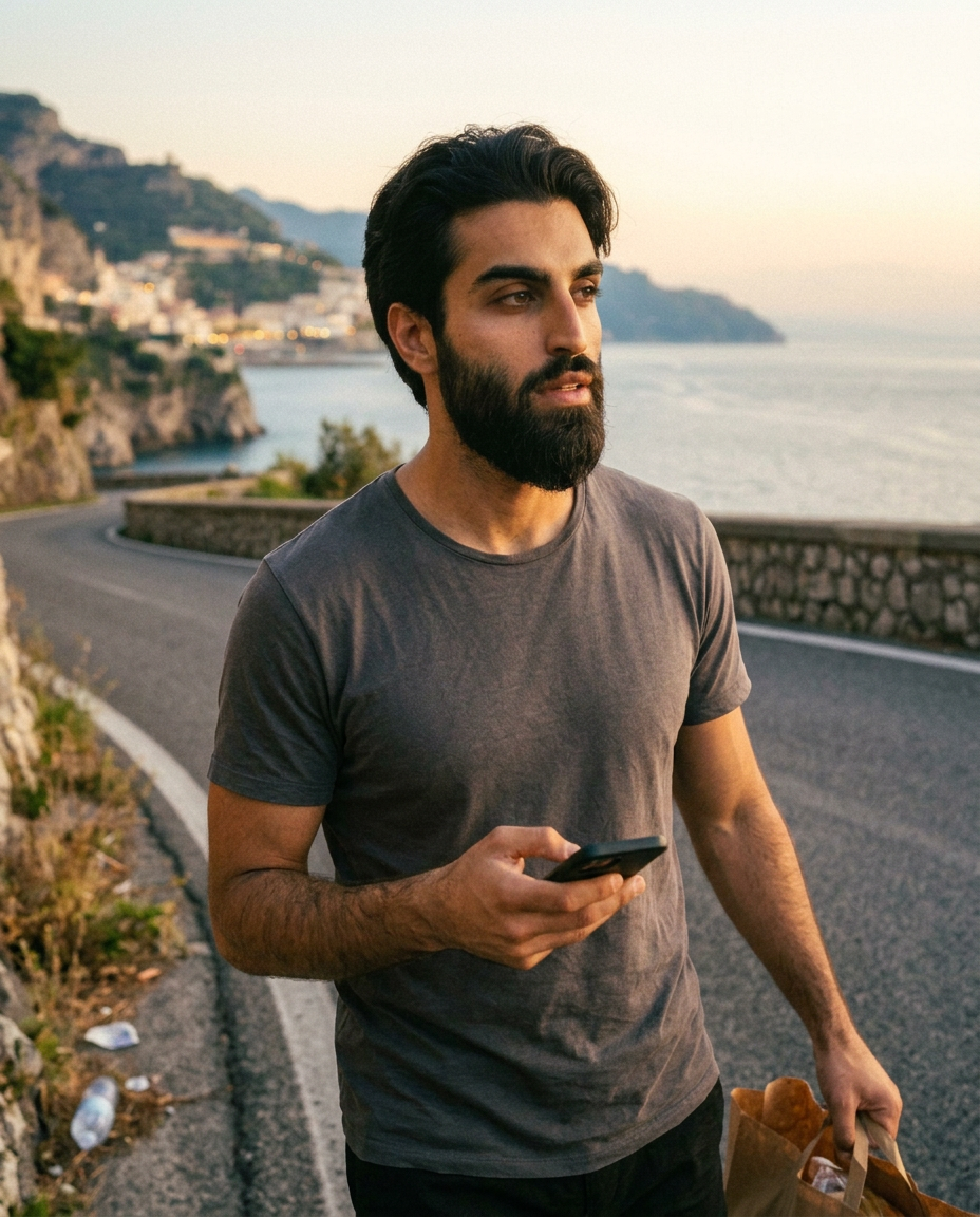 Alexander Doss walking a coastal road in southern Italy at dusk, phone in hand