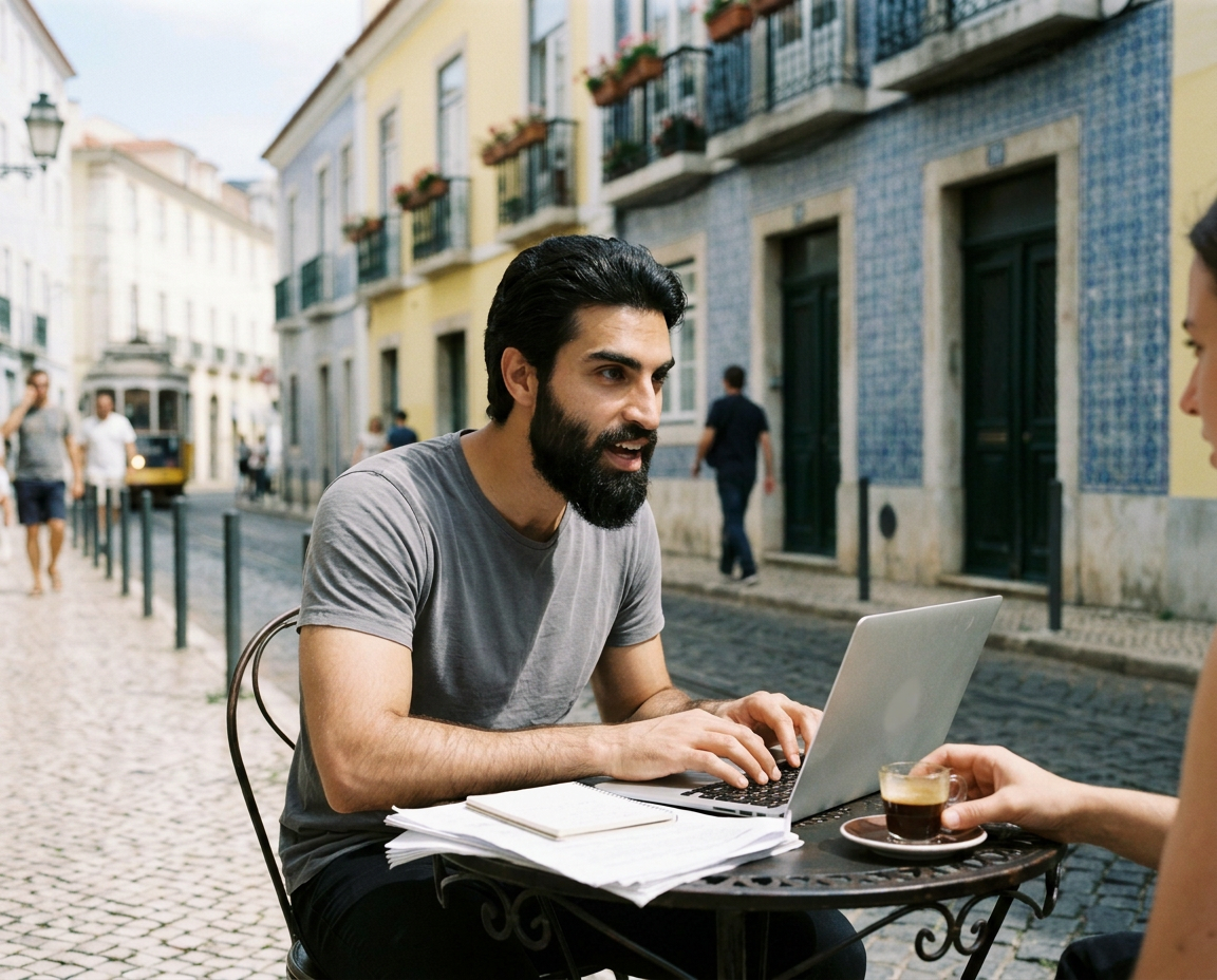 Alexander Doss typing on his laptop at a cafe table on a cobbled Lisbon street
