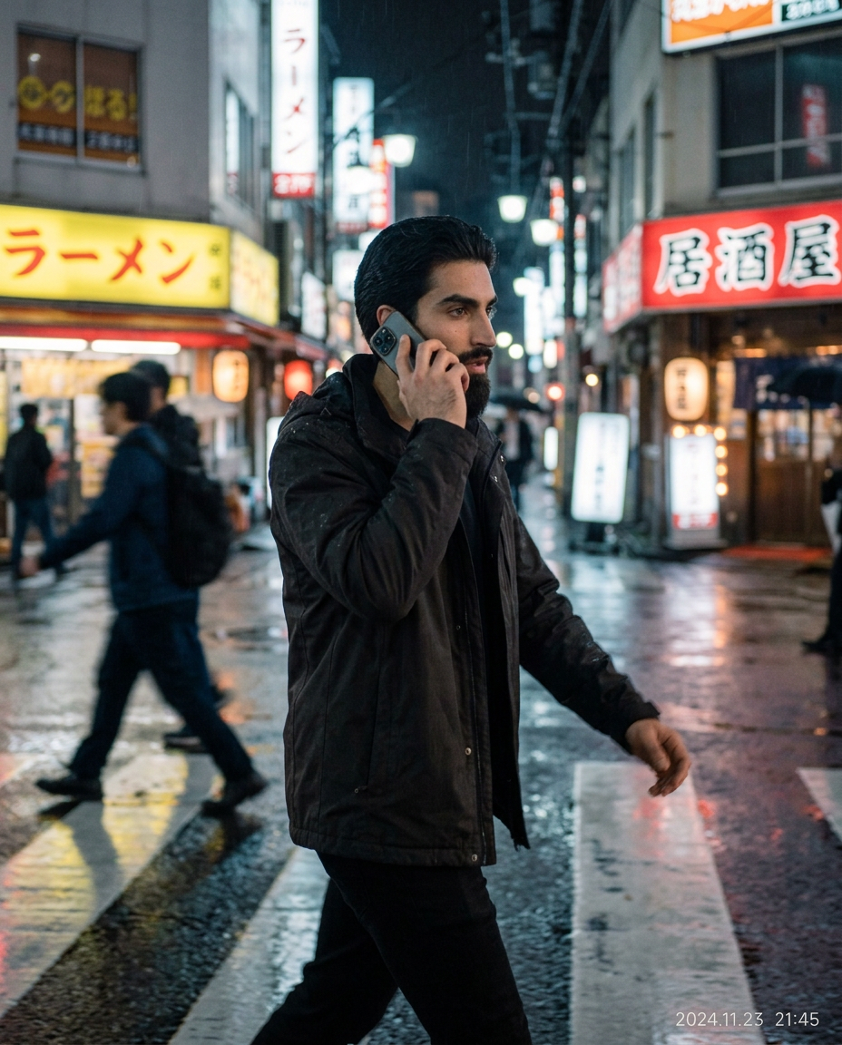Alexander Doss crossing a rainy neon-lit Tokyo street at night, on the phone